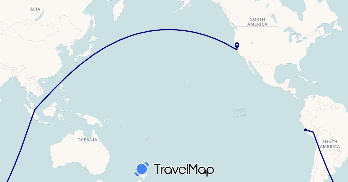 TravelMap itinerary: driving in Peru, Singapore, United States (Asia, North America, South America)